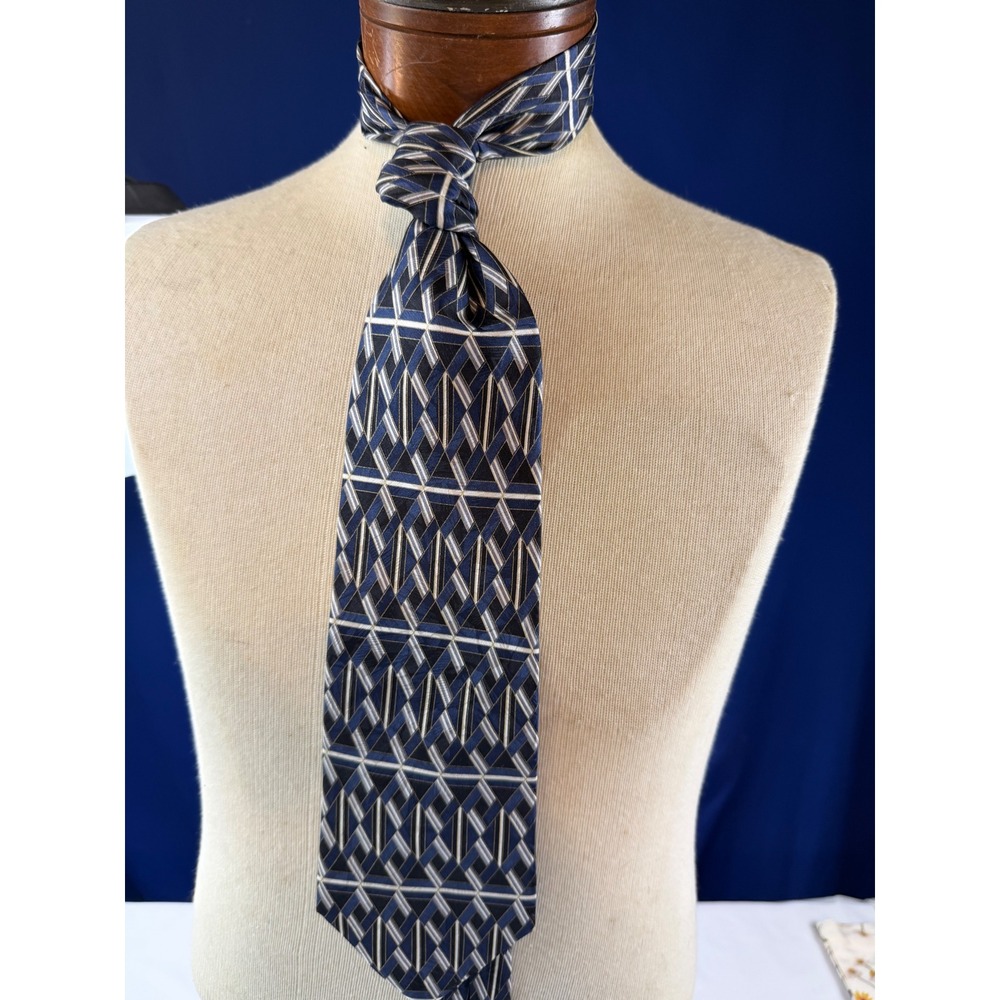 L'Atelier Mens Silk Necktie Navy Blue Black Silver Geometric Diamond Lattice Tie
